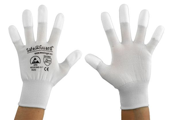 ESD Handschuh, weiß, beschichtete Fingerkuppen